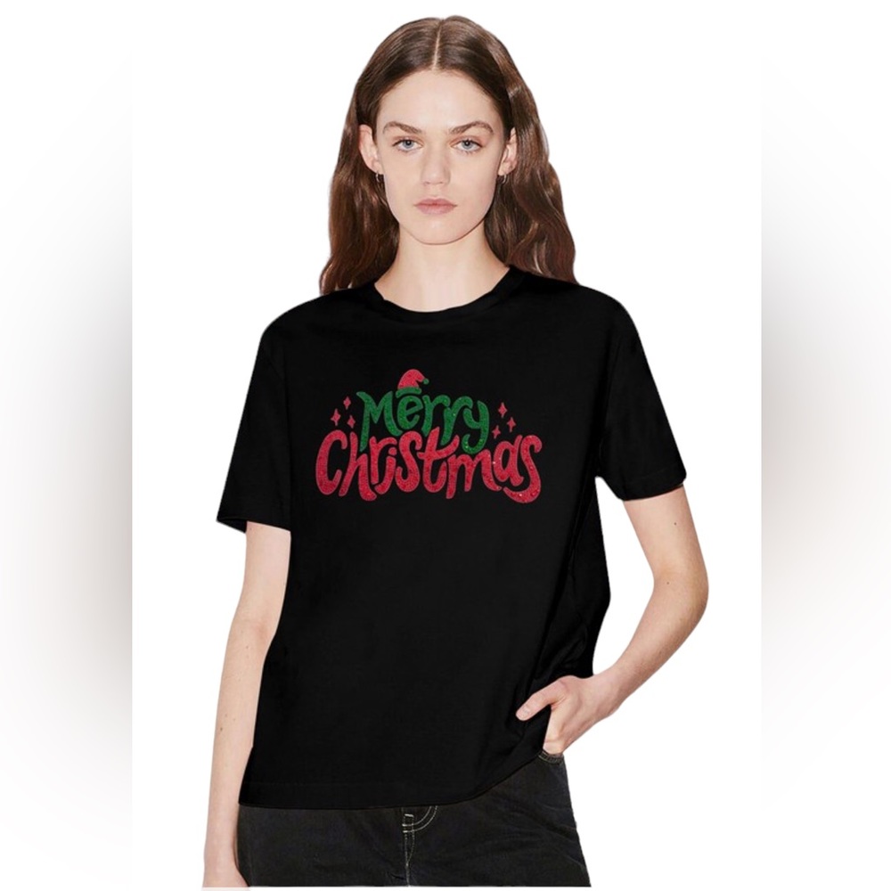 Over Apparel brand Merry Christmas Red Green Sequence Black T- Shirt